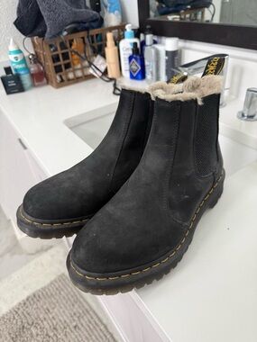 Dr. Martens Black Leather Chelsea Boots with Cream Shearling Collar